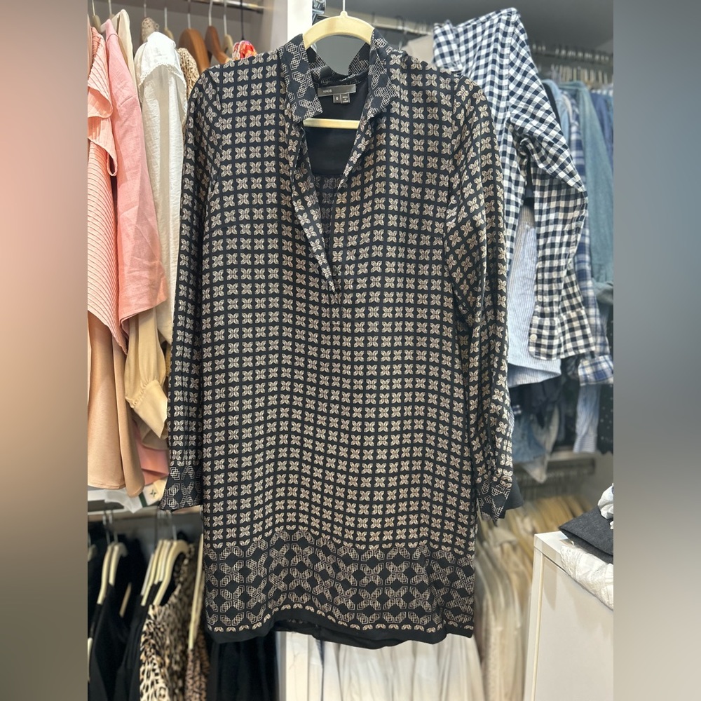 Vince black and gold print silk shirt dress